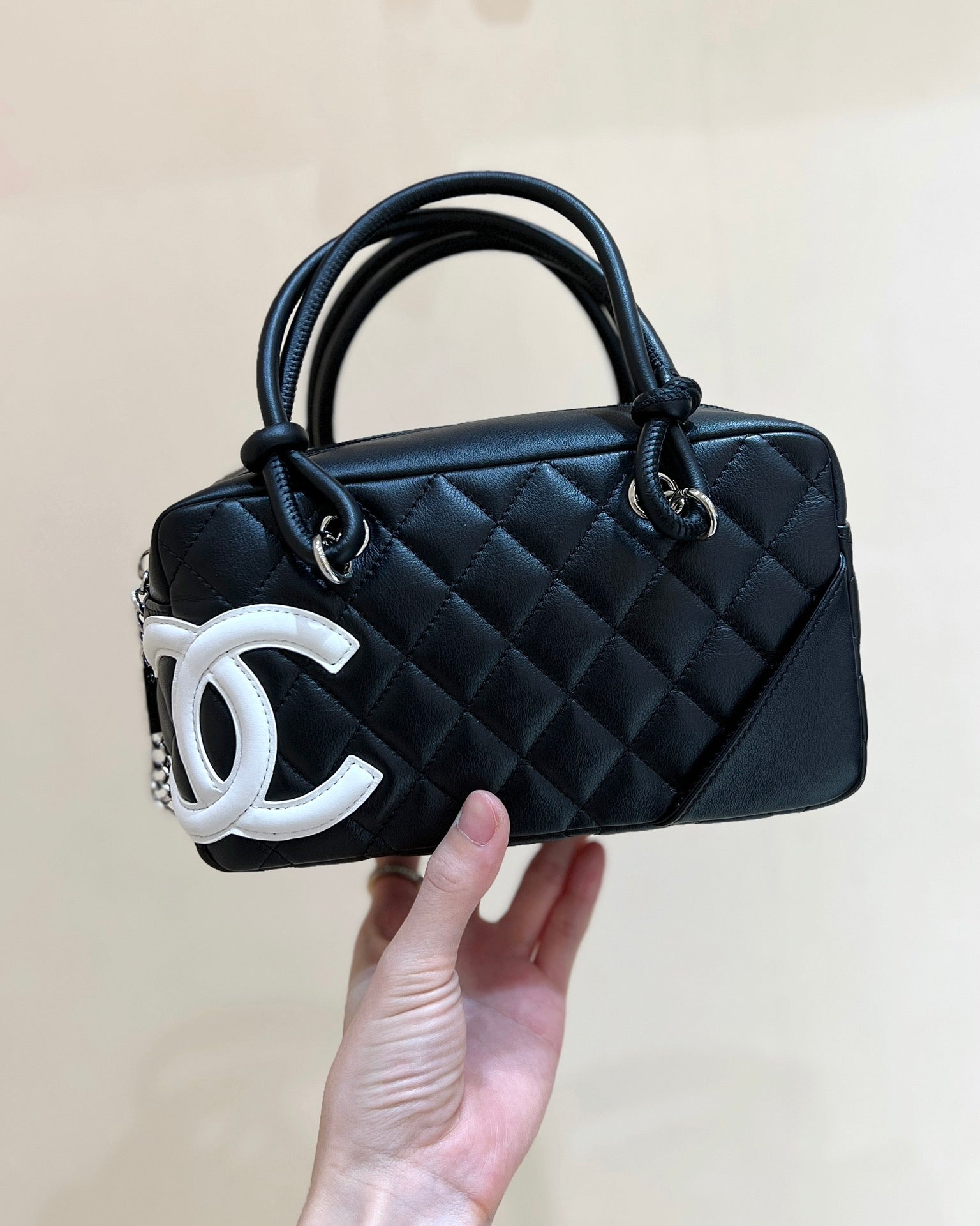 25S CHANEL CAMBON BOSTON BAG 27 IN BLACK AND WHITE CALFSKIN