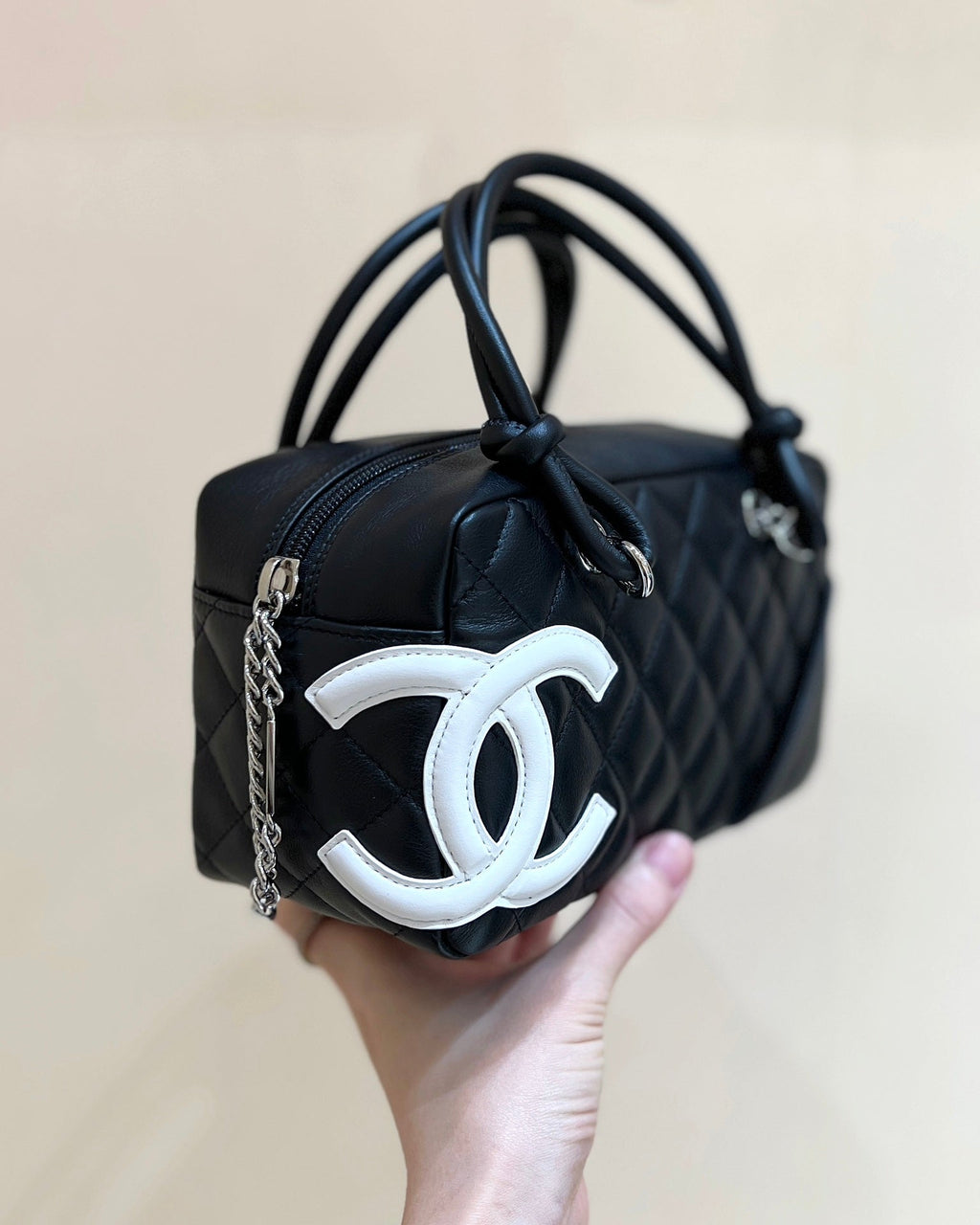25S CHANEL CAMBON BOSTON BAG 27 IN BLACK AND WHITE CALFSKIN