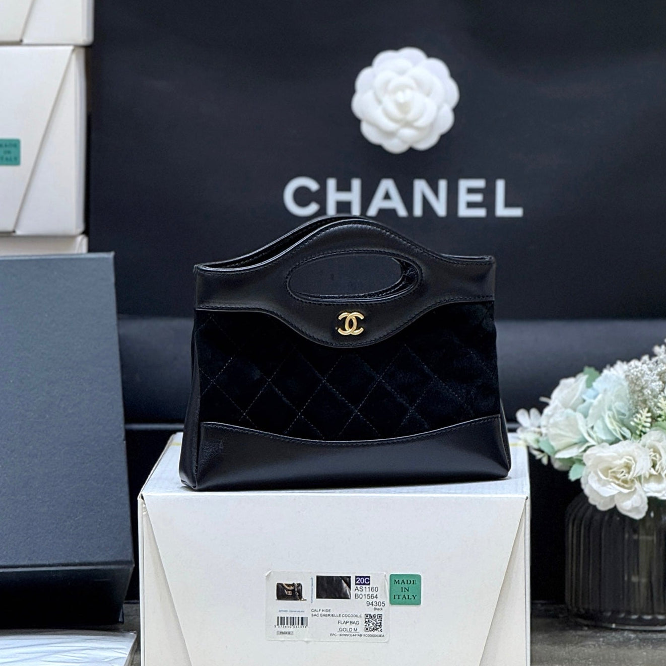 25S CHANEL MINI SHOPPING BAG 20 IN BLACK SUEDE CALFSKIN