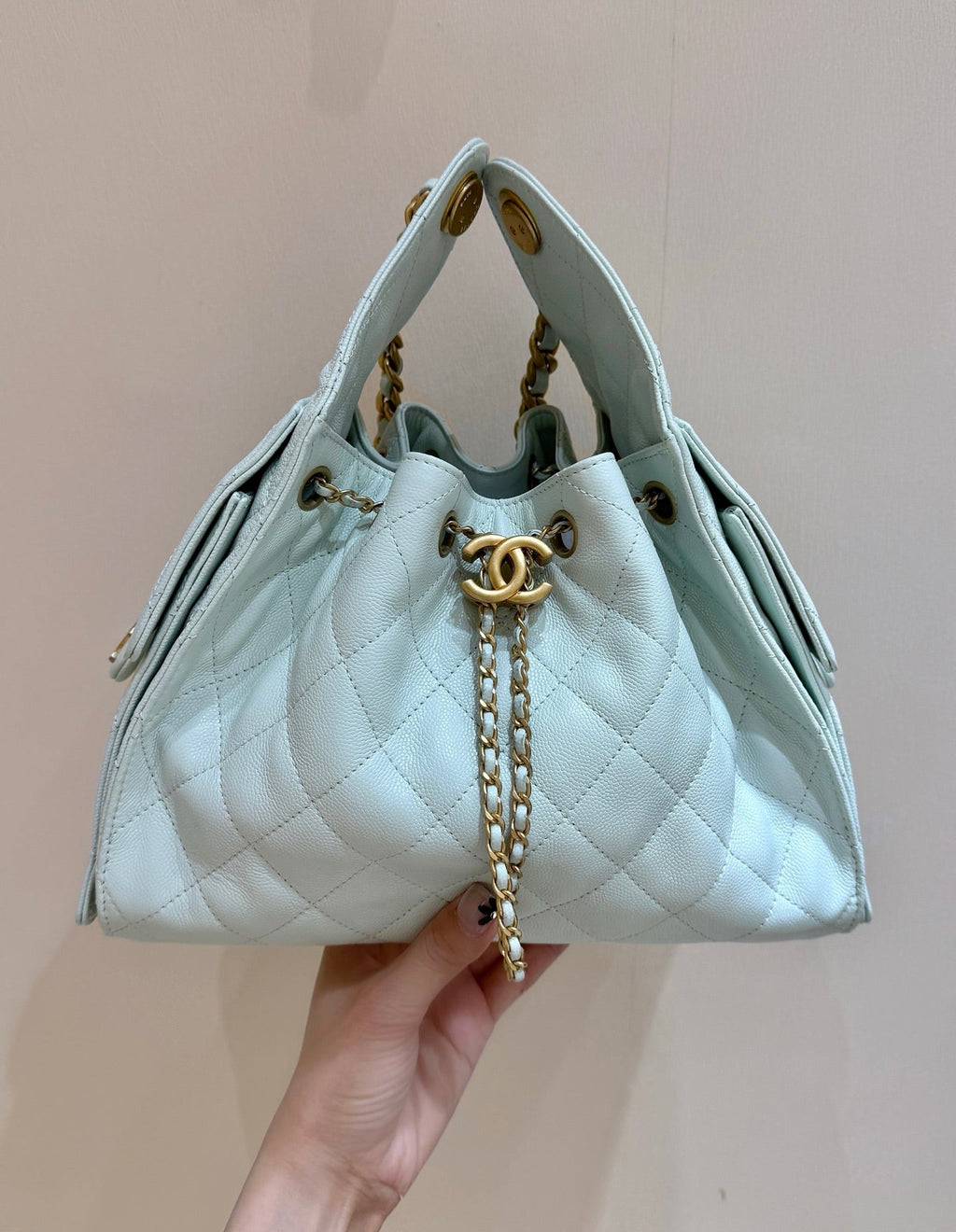 CHANEL 25S HANDBAG IN PALE CYAN 30 CALFSKIN GOLD HARDWARE