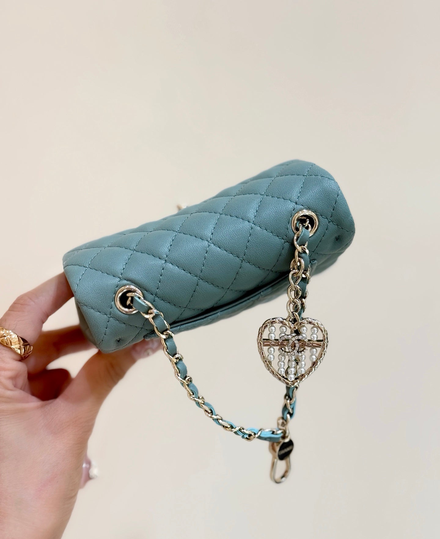 25S CHANEL MINI CF BAG 12 IN MUTED TEAL LAMBSKIN HEART MODEL