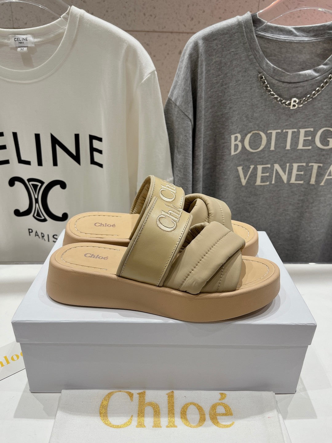 CHLO¨¦ MILA PLATFORM 5 CM IN OYSTER GREY NYLON WITH EMBROIDERED LOGO