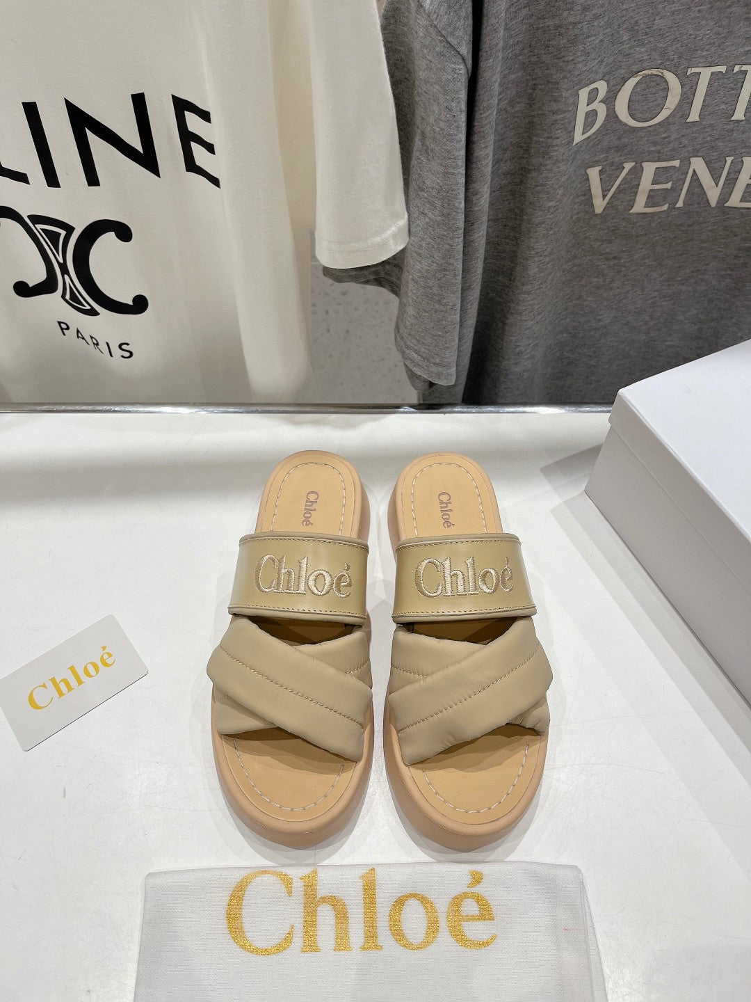 CHLO¨¦ MILA PLATFORM 5 CM IN OYSTER GREY NYLON WITH EMBROIDERED LOGO