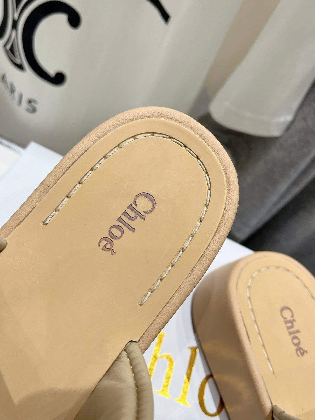 CHLO¨¦ MILA PLATFORM 5 CM IN OYSTER GREY NYLON WITH EMBROIDERED LOGO