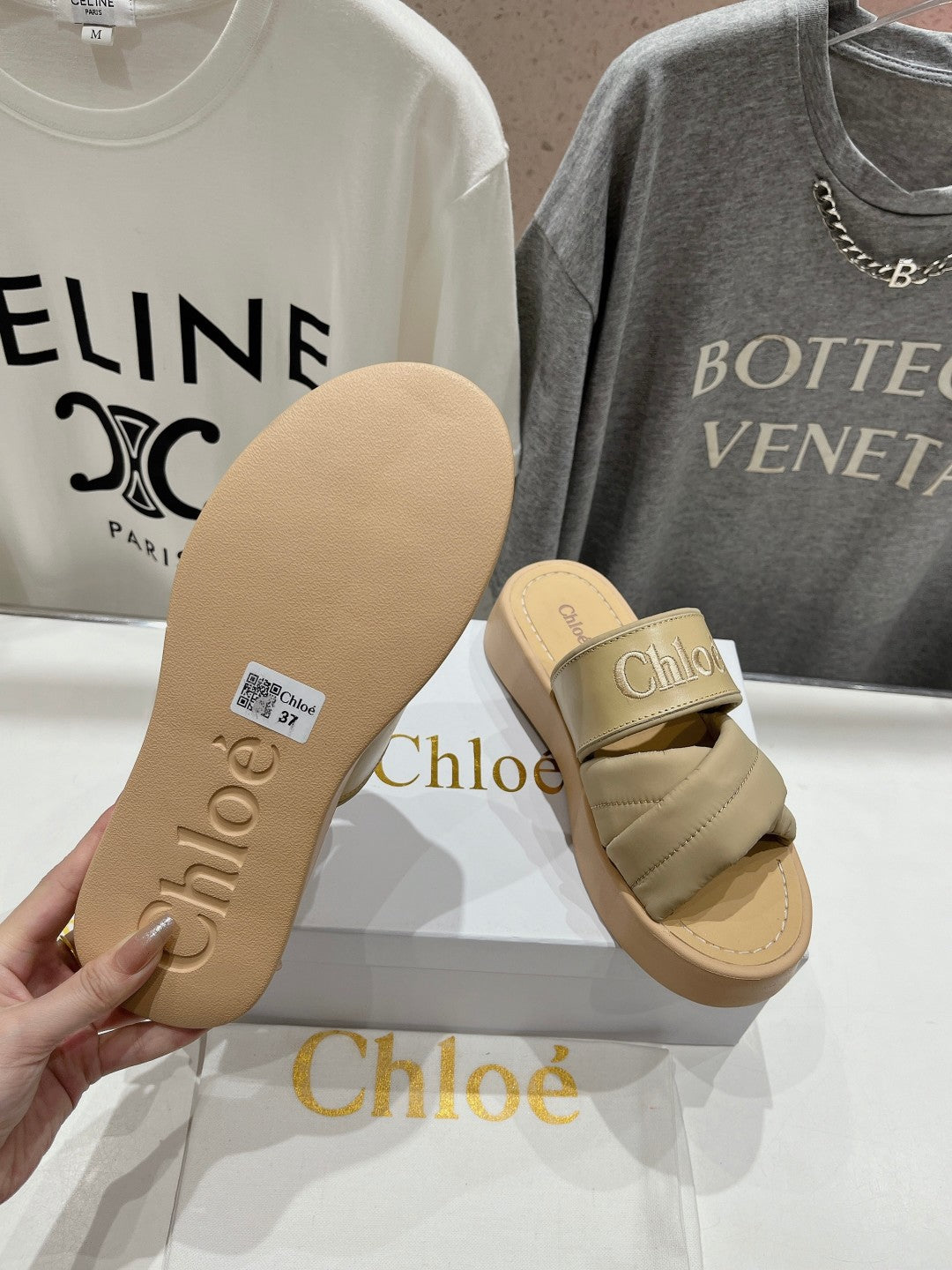 CHLO¨¦ MILA PLATFORM 5 CM IN OYSTER GREY NYLON WITH EMBROIDERED LOGO