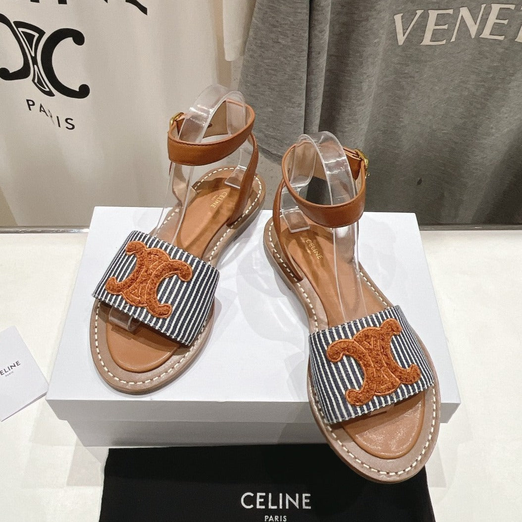LYMPIA SANDAL IN TRIOMPHE MACCRAM¨¦ COTTON & CALFSKIN BRONZE BROWN/NAVY