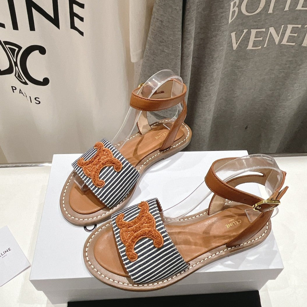 LYMPIA SANDAL IN TRIOMPHE MACCRAM¨¦ COTTON & CALFSKIN BRONZE BROWN/NAVY