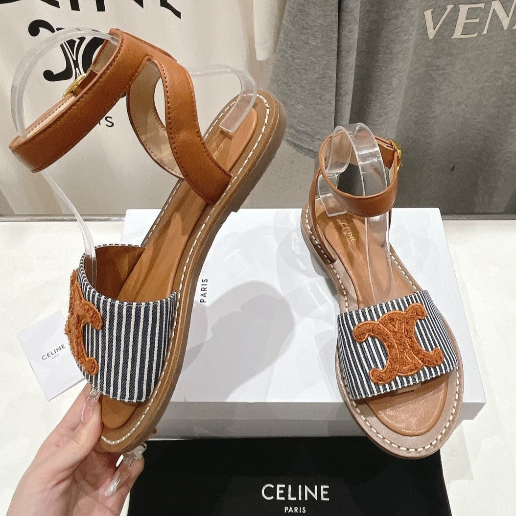 LYMPIA SANDAL IN TRIOMPHE MACCRAM¨¦ COTTON & CALFSKIN BRONZE BROWN/NAVY