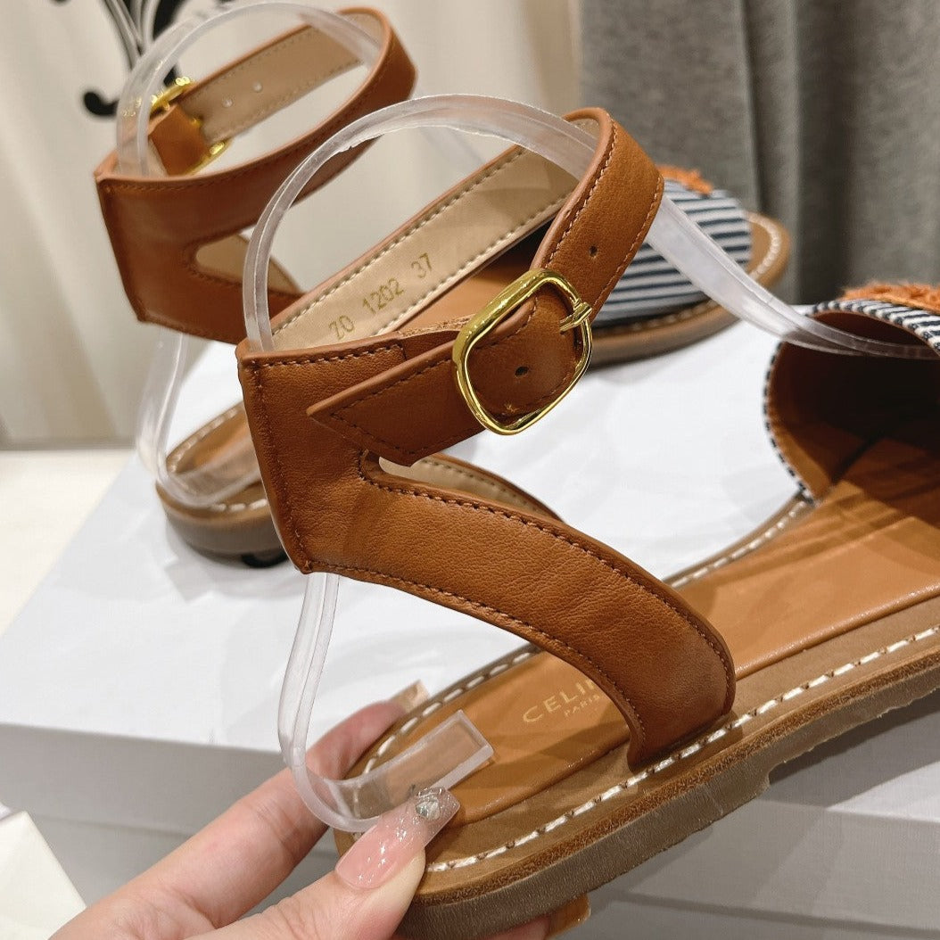 LYMPIA SANDAL IN TRIOMPHE MACCRAM¨¦ COTTON & CALFSKIN BRONZE BROWN/NAVY