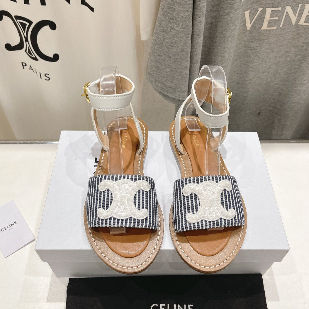 LYMPIA SANDAL IN TRIOMPHE MACCRAM¨¦ COTTON & CALFSKIN OFF WHITE / NAVY