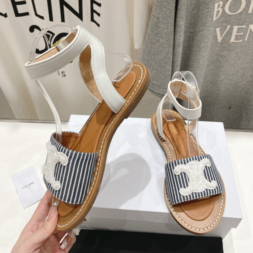 LYMPIA SANDAL IN TRIOMPHE MACCRAM¨¦ COTTON & CALFSKIN OFF WHITE / NAVY