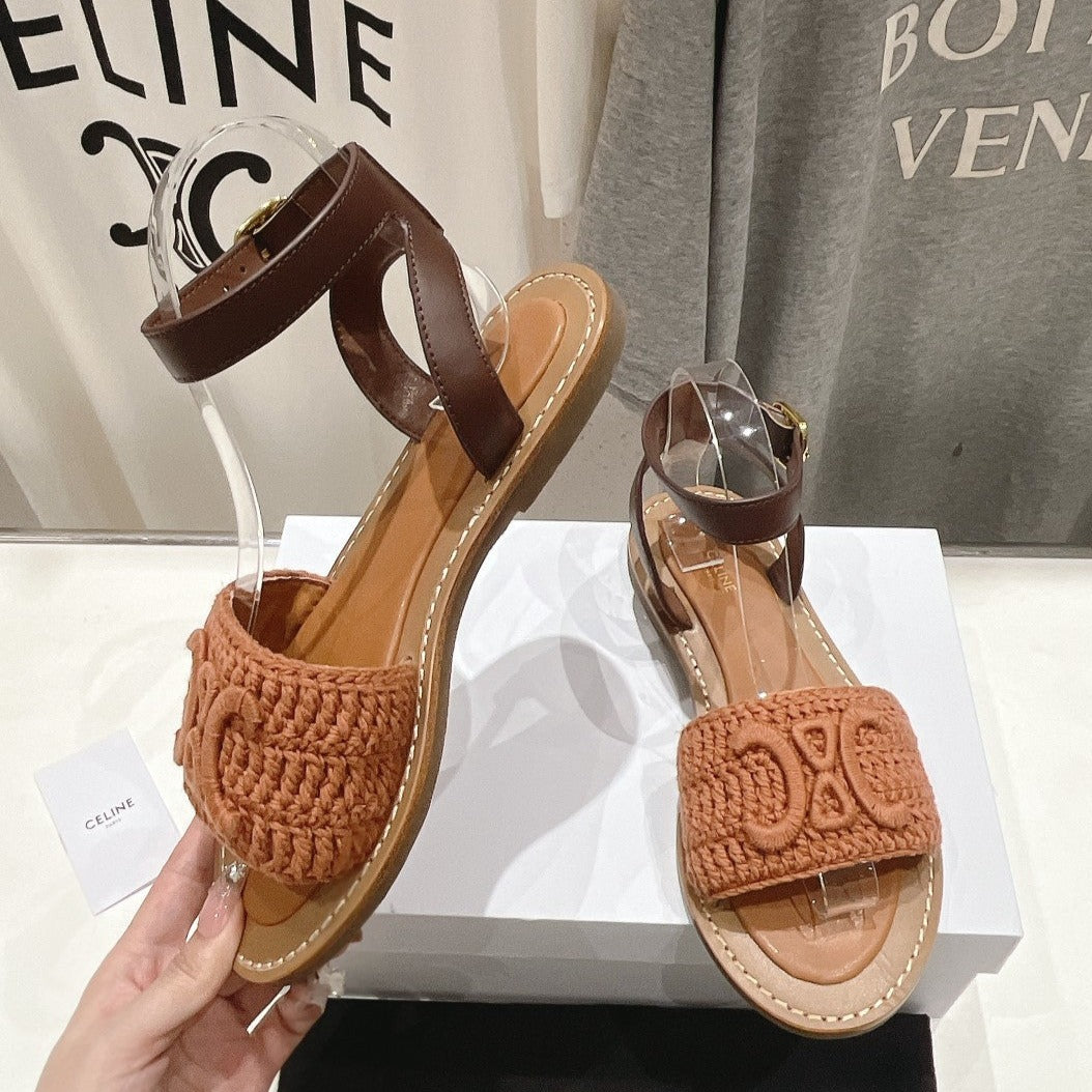 LYMPIA SANDAL IN TRIOMPHE MACCRAM¨¦ COTTON & CALFSKIN BROWN/DARK BROWN