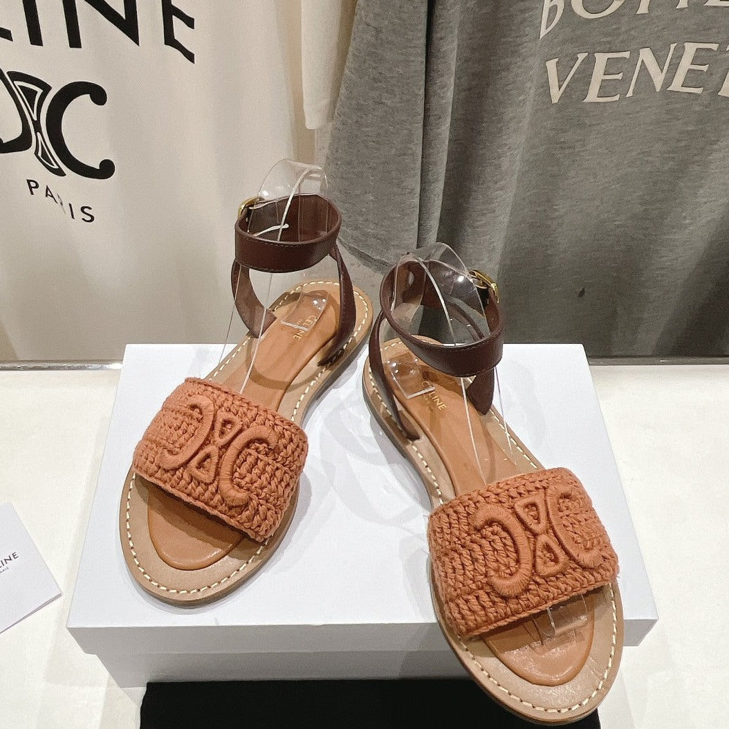 LYMPIA SANDAL IN TRIOMPHE MACCRAM¨¦ COTTON & CALFSKIN BROWN/DARK BROWN