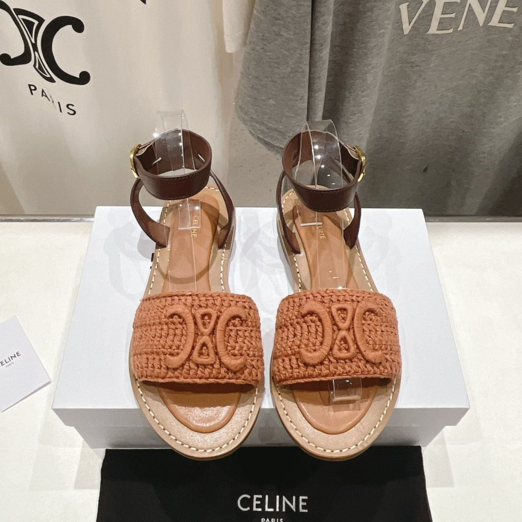 LYMPIA SANDAL IN TRIOMPHE MACCRAM¨¦ COTTON & CALFSKIN BROWN/DARK BROWN