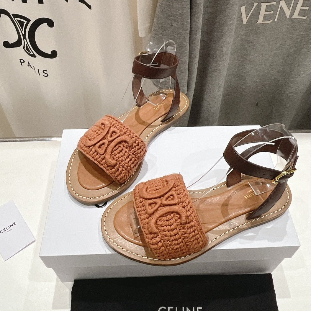 LYMPIA SANDAL IN TRIOMPHE MACCRAM¨¦ COTTON & CALFSKIN BROWN/DARK BROWN