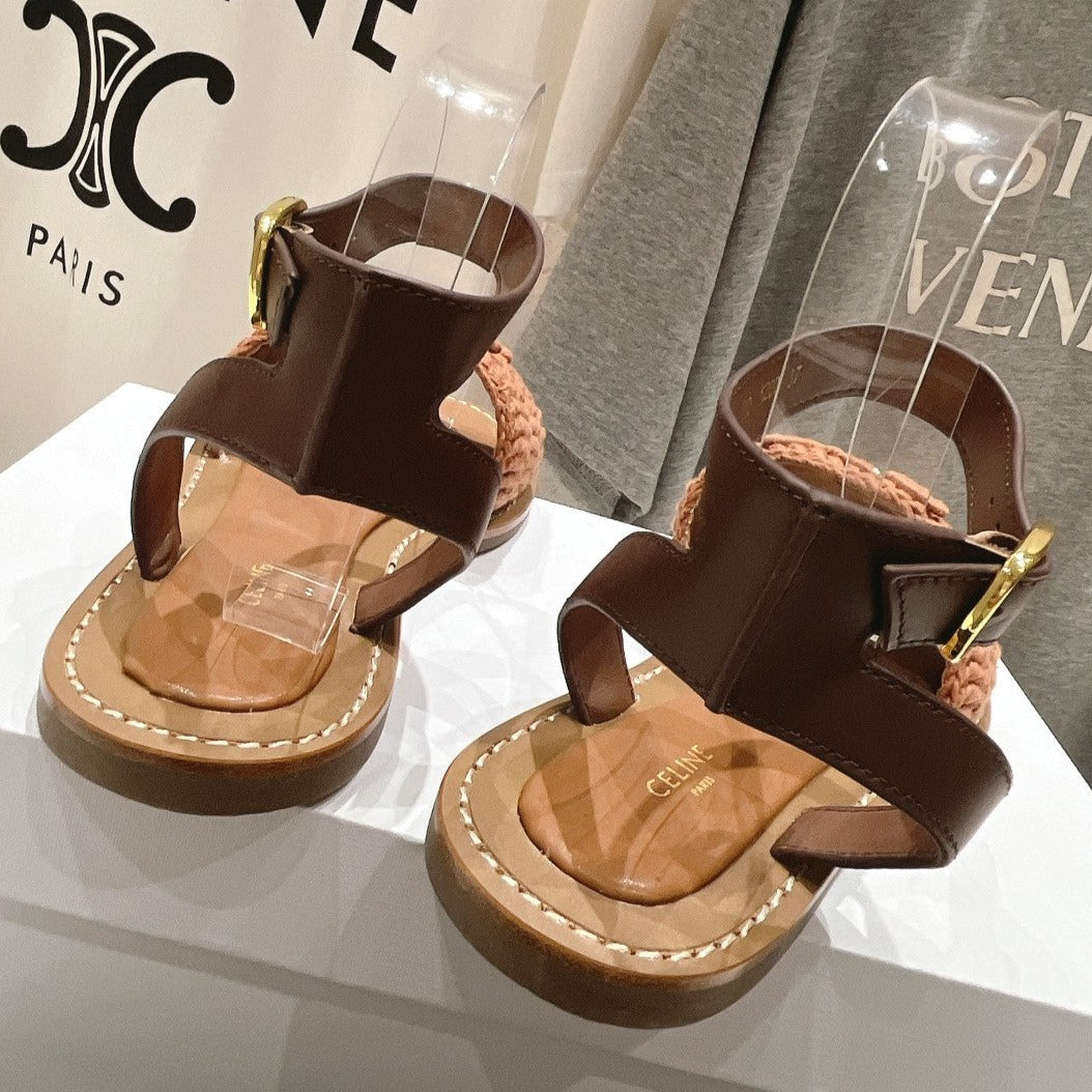 LYMPIA SANDAL IN TRIOMPHE MACCRAM¨¦ COTTON & CALFSKIN BROWN/DARK BROWN