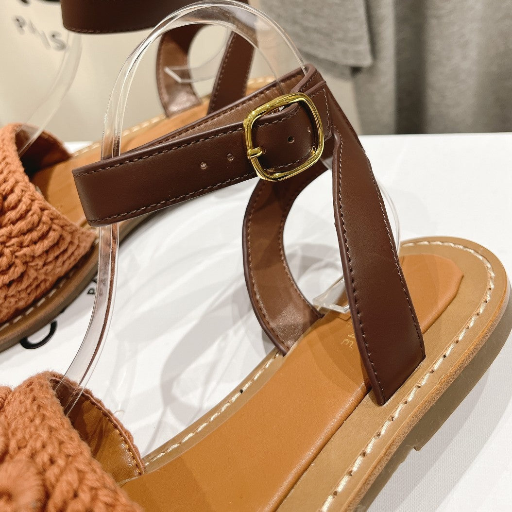 LYMPIA SANDAL IN TRIOMPHE MACCRAM¨¦ COTTON & CALFSKIN BROWN/DARK BROWN