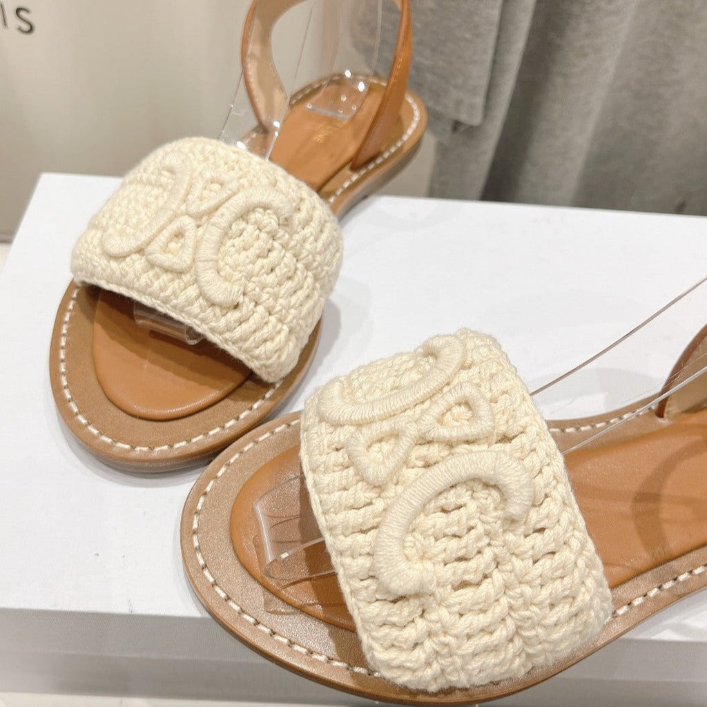 LYMPIA SANDAL IN TRIOMPHE MACCRAM¨¦ COTTON & CALFSKIN ECRU TAN