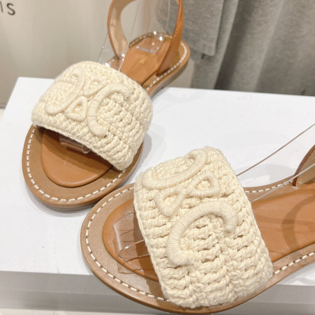 LYMPIA SANDAL IN TRIOMPHE MACCRAM¨¦ COTTON & CALFSKIN ECRU TAN
