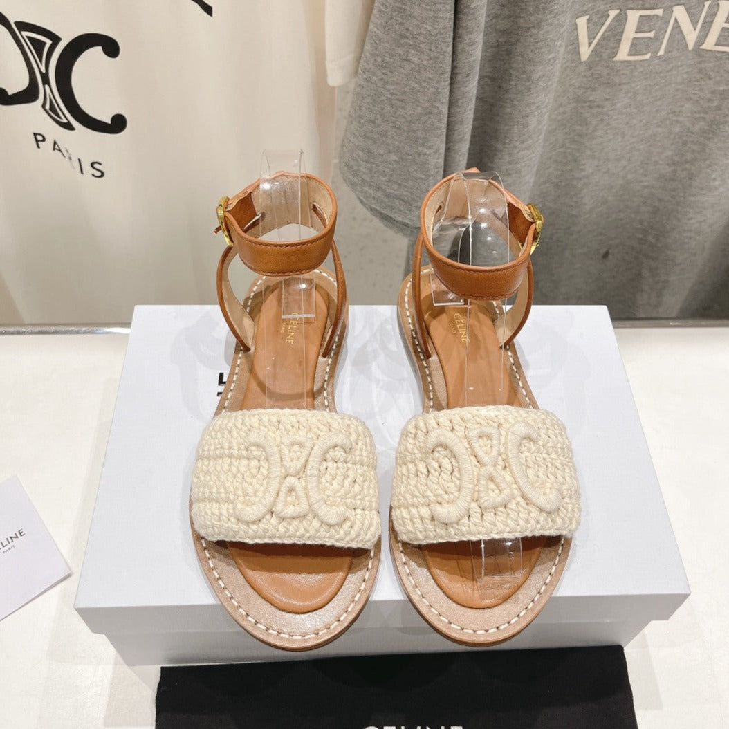 LYMPIA SANDAL IN TRIOMPHE MACCRAM¨¦ COTTON & CALFSKIN ECRU TAN