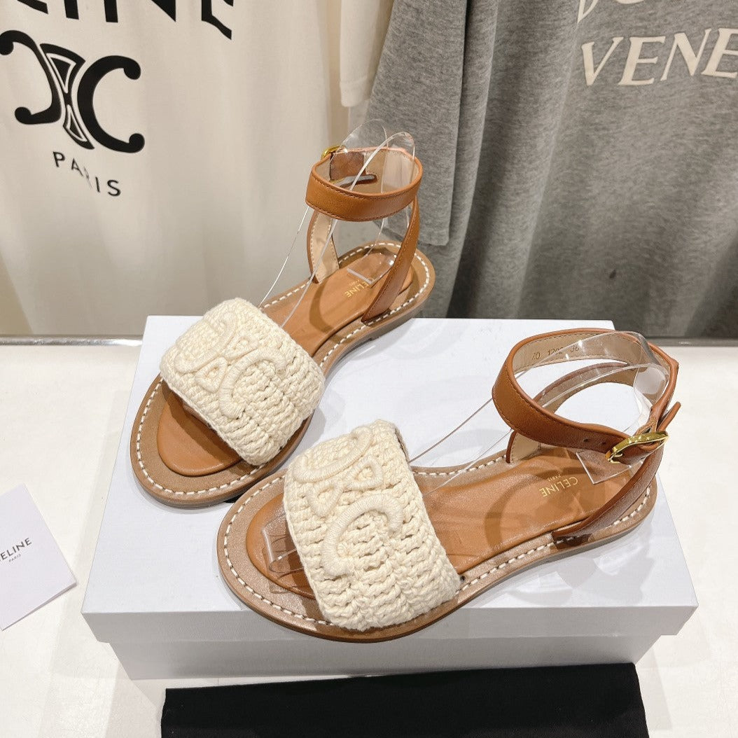 LYMPIA SANDAL IN TRIOMPHE MACCRAM¨¦ COTTON & CALFSKIN ECRU TAN
