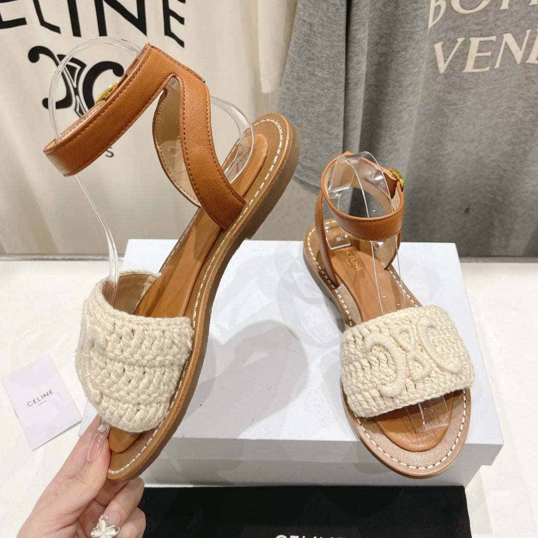 LYMPIA SANDAL IN TRIOMPHE MACCRAM¨¦ COTTON & CALFSKIN ECRU TAN