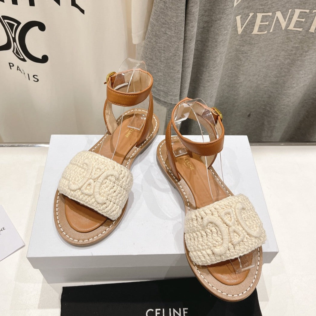 LYMPIA SANDAL IN TRIOMPHE MACCRAM¨¦ COTTON & CALFSKIN ECRU TAN
