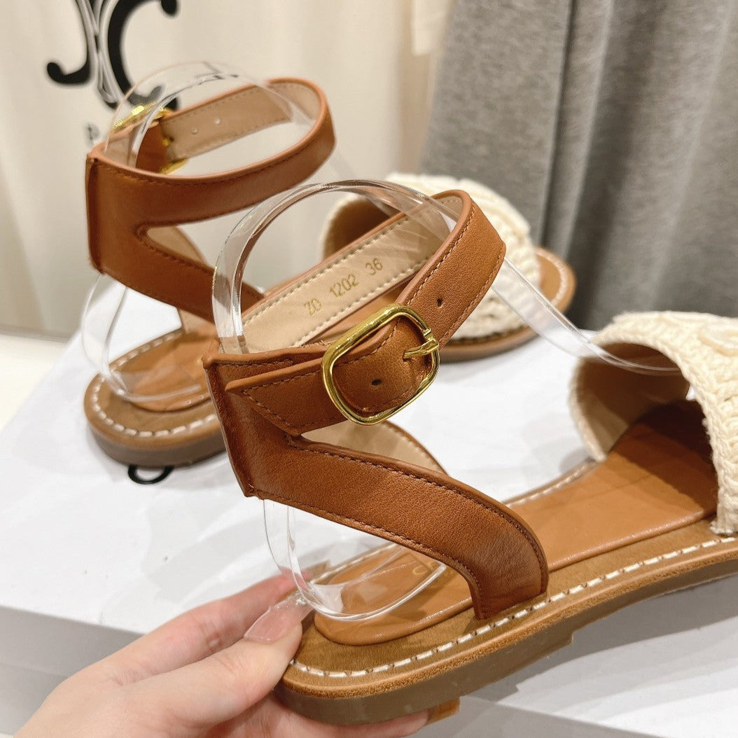 LYMPIA SANDAL IN TRIOMPHE MACCRAM¨¦ COTTON & CALFSKIN ECRU TAN