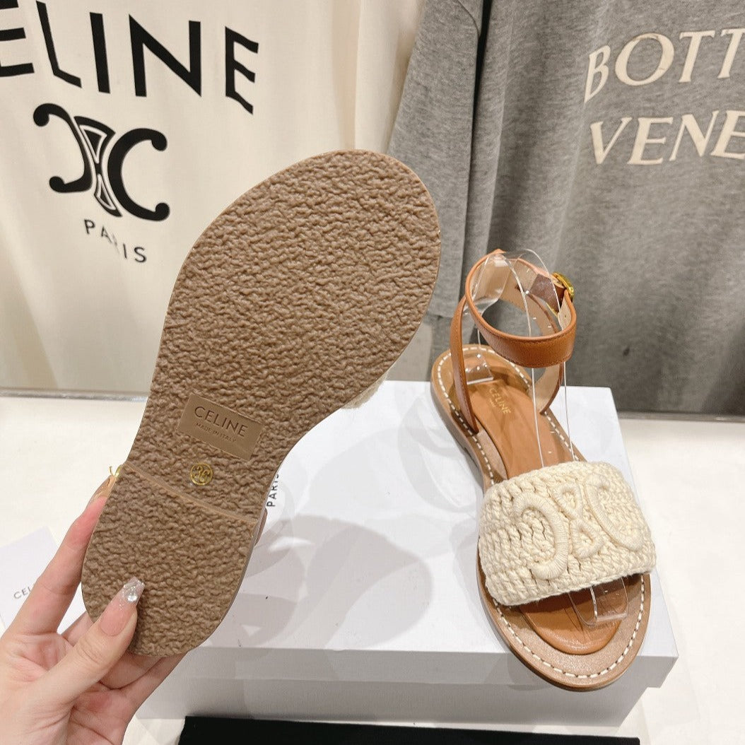 LYMPIA SANDAL IN TRIOMPHE MACCRAM¨¦ COTTON & CALFSKIN ECRU TAN