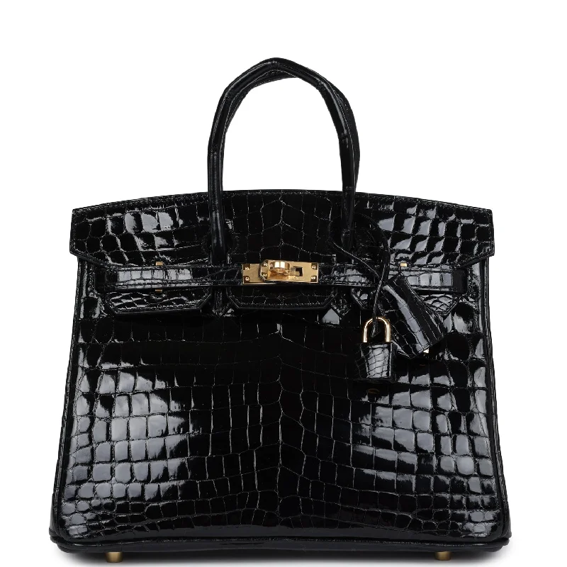 Hermes Birkin 25 Black Shiny Niloticus Crocodile Gold Hardware