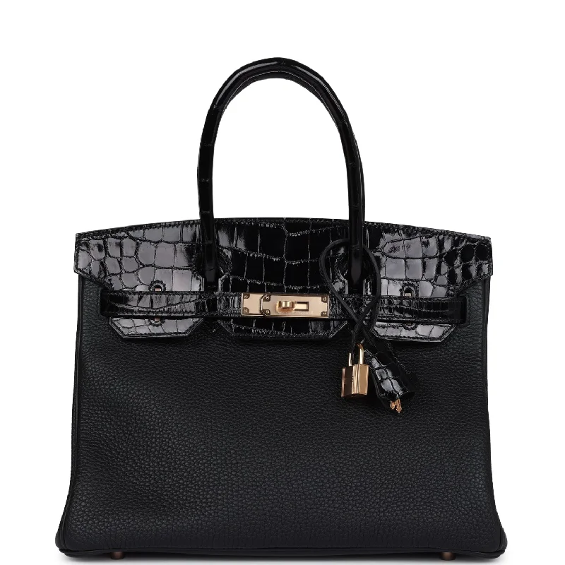 Hermes Birkin 30 Black Shiny Niloticus Crocodile and Togo Touch Rose Gold Hardware