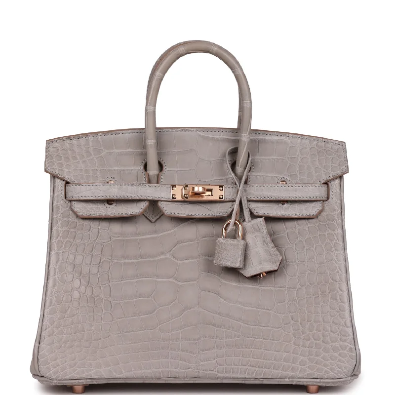 Hermes Special Order (HSS) Birkin 25 Gris Perle Verso Matte Alligator Rose Gold Hardware