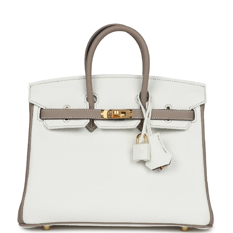 Hermes Special Order (HSS) Birkin 25 White and Gris Tourterelle Clemence Gold Hardware