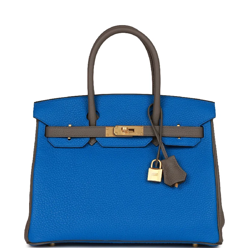 Hermes Special Order (HSS) Birkin 30 Bleu Electric and Etain Clemence Brushed Gold Hardware