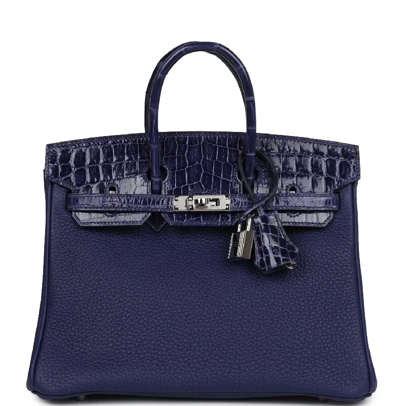  Hermes Birkin 25 Touch Bleu Encre Togo and Shiny Niloticus Crocodile Palladium Hardware