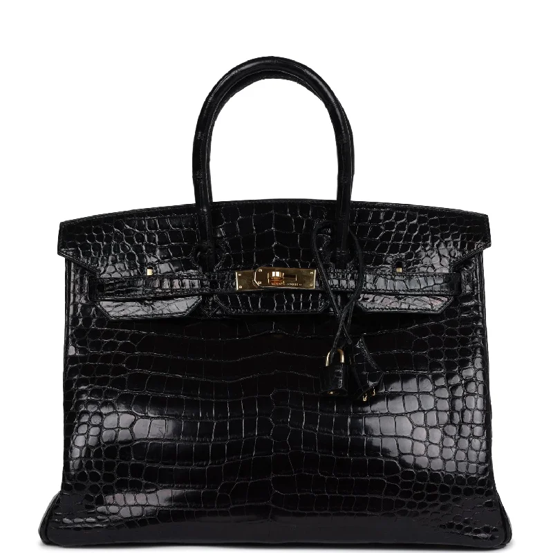  Hermes Birkin 35 Black Shiny Porosus Crocodile Gold Hardware