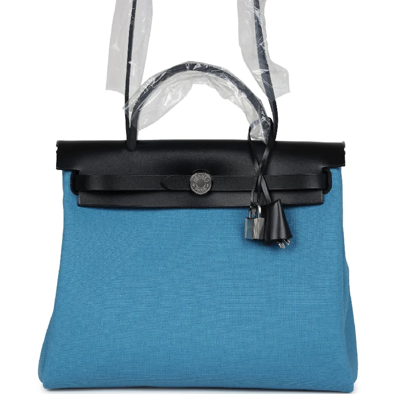 Hermes Herbag Zip PM 31 Blue Jean Toile H and Black Vache Hunter Palladium Hardware