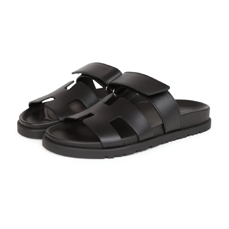 Hermes Chypre Techno Sandals Black Calfskin Palladium Hardware