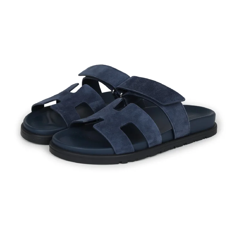 Hermes Chypre Techno Sandals Blue Celeste Suede Palladium Hardware