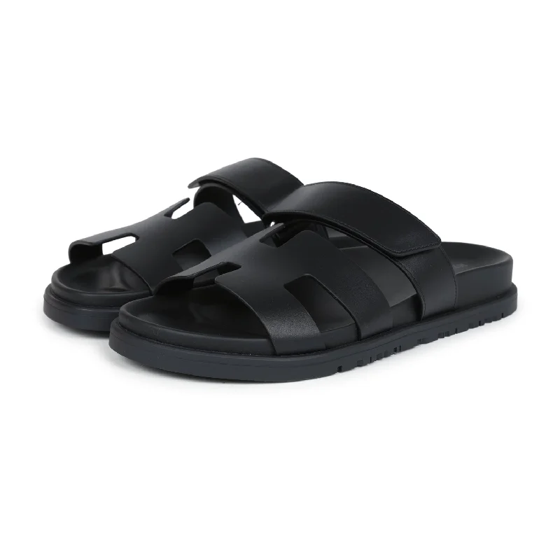 Hermes Chypre Techno Sandals Black Calfskin Palladium Hardware