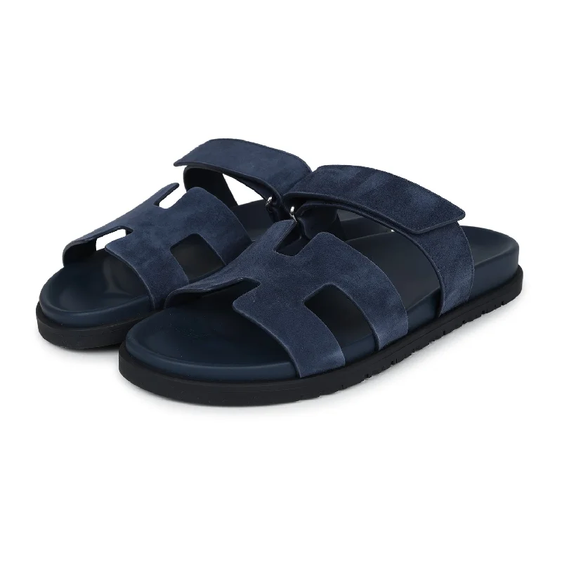 Hermes Chypre Techno Sandals Blue Celeste Suede Palladium Hardware