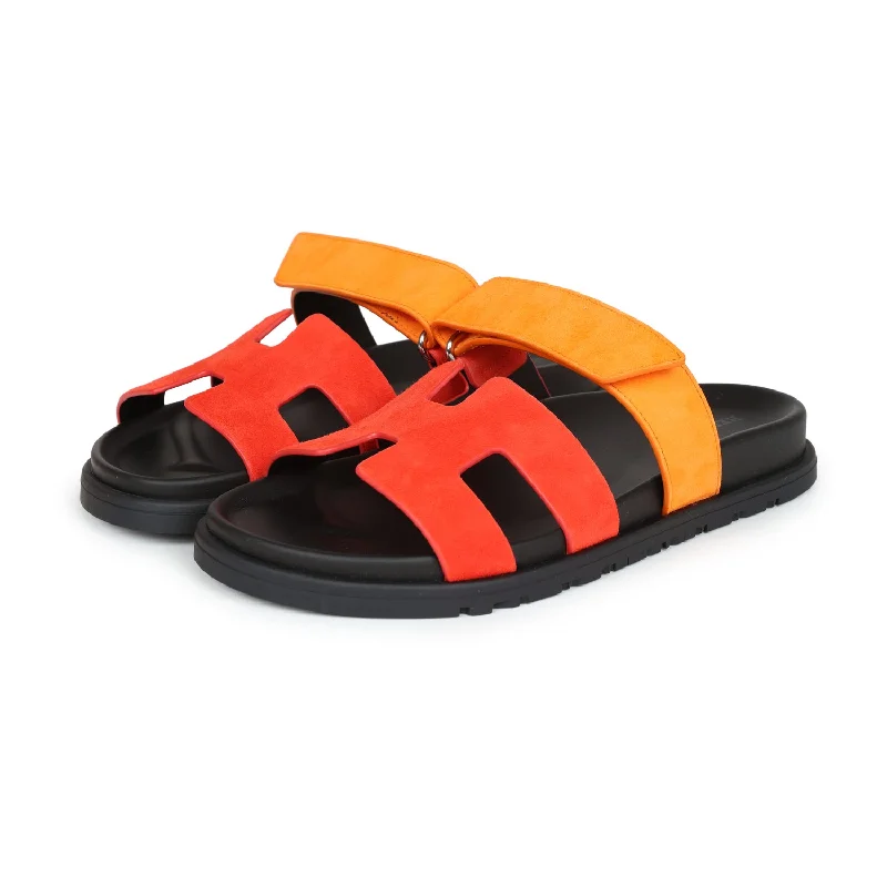 Hermes Chypre Techno Sandal Sunset & Rouge Ecarlate Suede Palladium Hardware