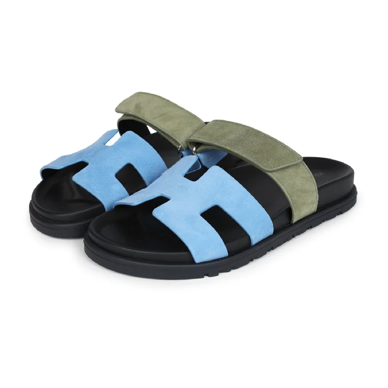 Hermes Chypre Techno Sandal Bleu Cameo/Vert Suede Palladium Hardware