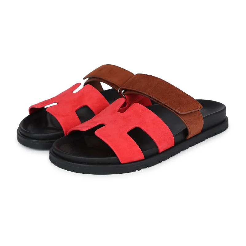 Hermes Chypre Techno Sandal Rouge Cinetique & Gold Suede Palladium Hardware