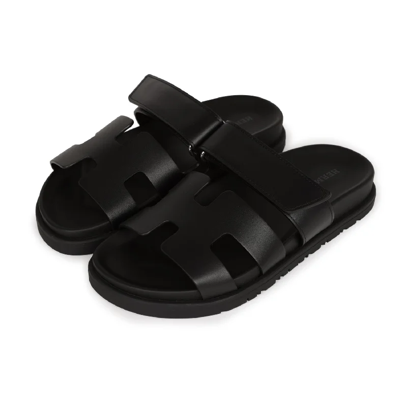 Hermes Chypre Sandals Black Calfskin Palladium Hardware