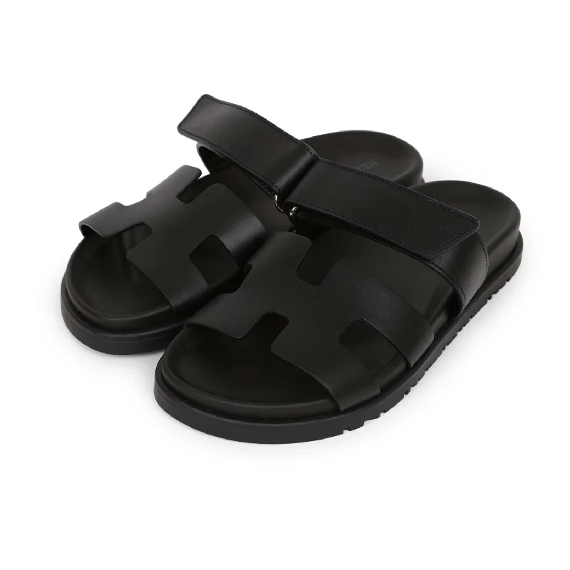 Hermes Chypre Techno Sandals Black Calfskin Palladium Hardware