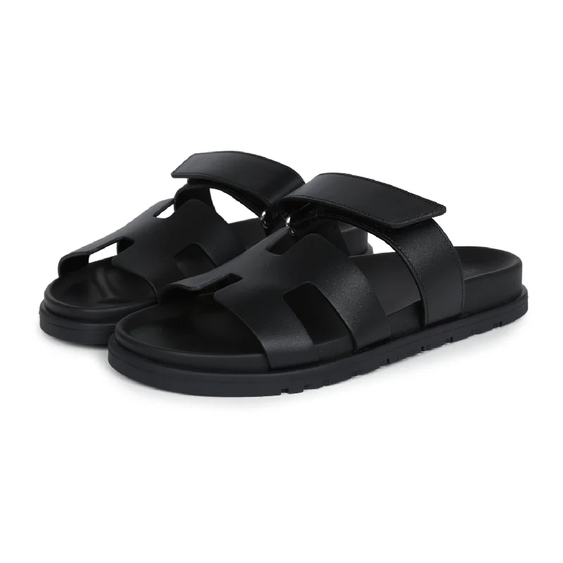 Hermes Chypre Techno Sandals Black Calfskin Palladium Hardware