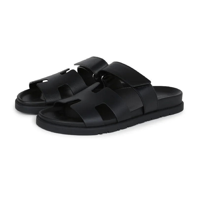 Hermes Chypre Techno Sandals Black Calfskin Palladium Hardware