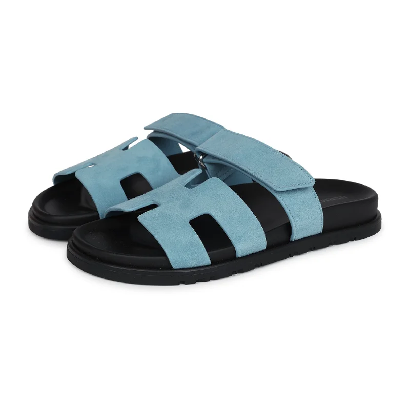 Hermes Chypre Techno Sandals Bleu Mineral Suede Palladium Hardware