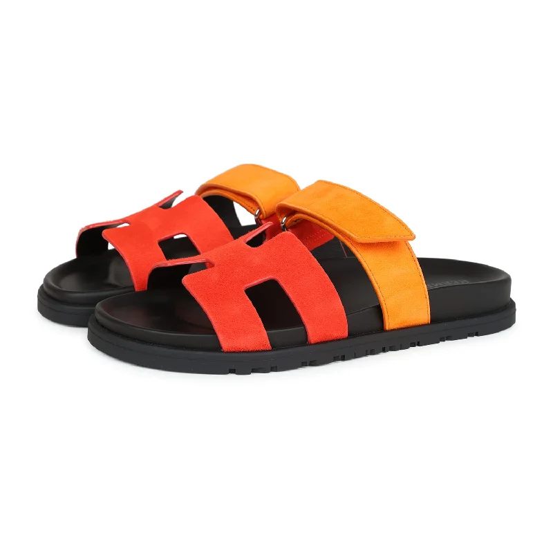 Hermes Chypre Techno Sandals Sunset/Rouge Ecarlate Suede Palladium Hardware